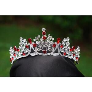 True Red Crystal Tiara Silver Bridal Crown Birthday Wedding Gift Diadem prom